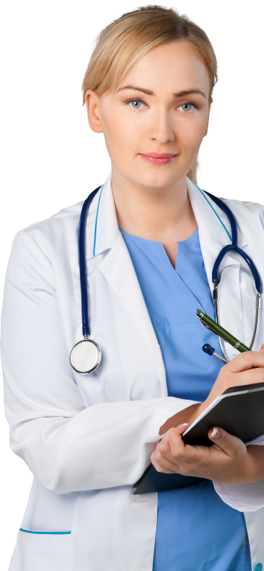 Lady Doctor who is standing with pen and paper